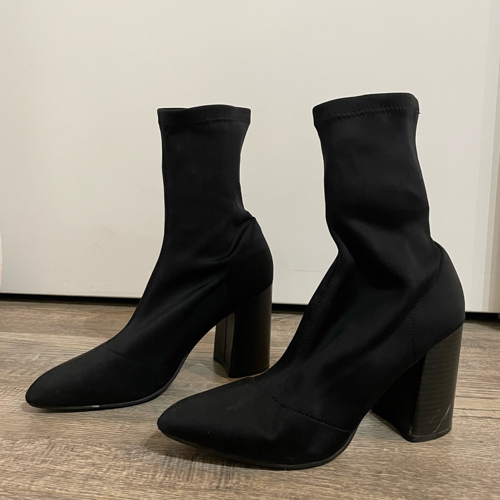Black Sock Boots With Block Heel - size 8